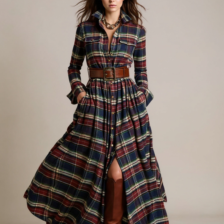 Giovanna | Vestido Maxi a Cuadros Retro con Cintura